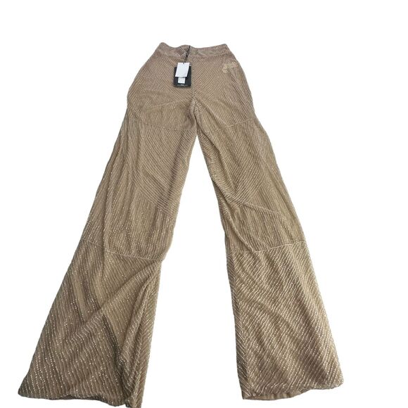 Pretty Little Thing Nude Bead Embellished Wide Leg Trouser Pants Size 6 - Picture 6 of 14